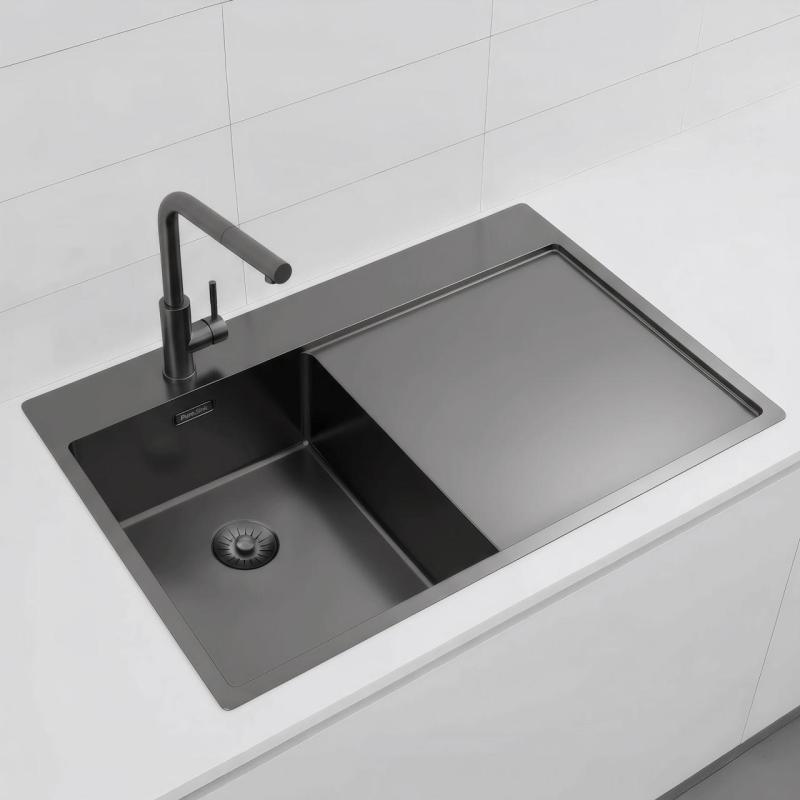 Pure.Sink Exclusivo Gun Metal piccolo lavello con zona di scolamento 78x52 cm Tapwing a sinistra PEX3478LT-61
