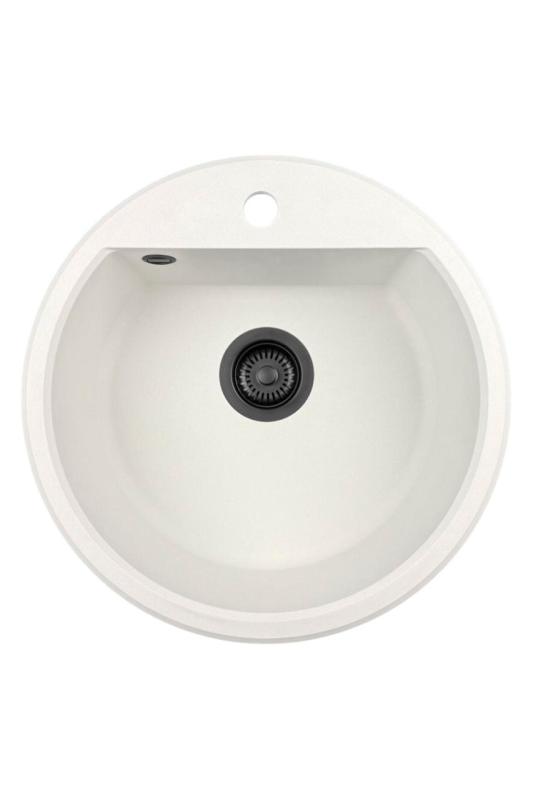 GraniteMy Bremen lavello rotondo in granito 43 cm bianco da appoggio e sottotop con foro per rubinetto e tappo nero 1208971312