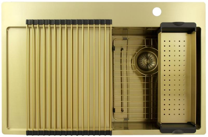 Pure.Sink Exclusivo Piccolo lavello dorato con sgocciolatoio 78x52 cm Rubinetto a leva destro PEX3478RT-60