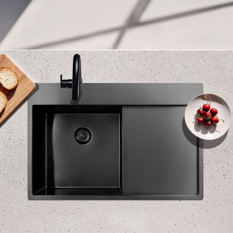 Pure.Sink Exclusivo Gun Metal lavello con zona di scolamento 78x52 cm Tapwing a sinistra PEX4078LT-61