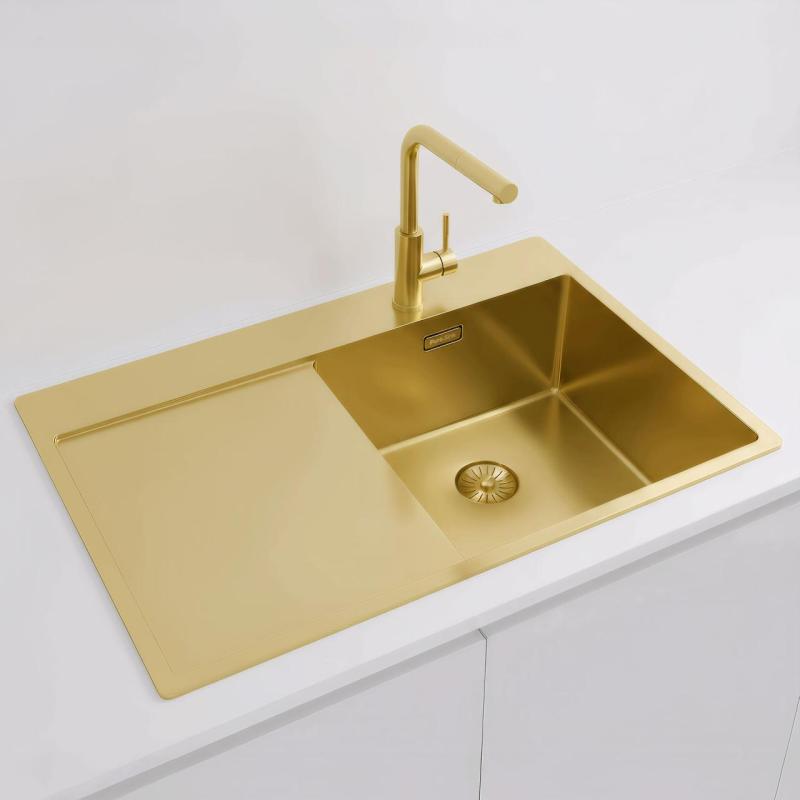 Pure.Sink Exclusivo Lavello dorato con sgocciolatoio 78x52 cm Rubinetto a leva destro PEX4078RT-60