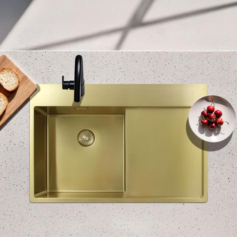 Pure.Sink Exclusivo Lavello dorato con sgocciolatoio 78x52 cm Rubinetto a leva destro PEX4078RT-60
