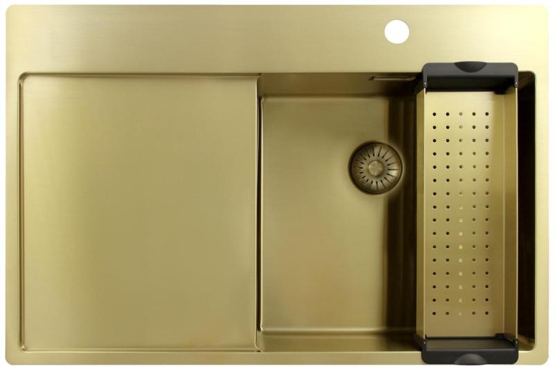 Pure.Sink Exclusivo Lavello dorato con sgocciolatoio 78x52 cm Rubinetto a leva destro PEX4078RT-60