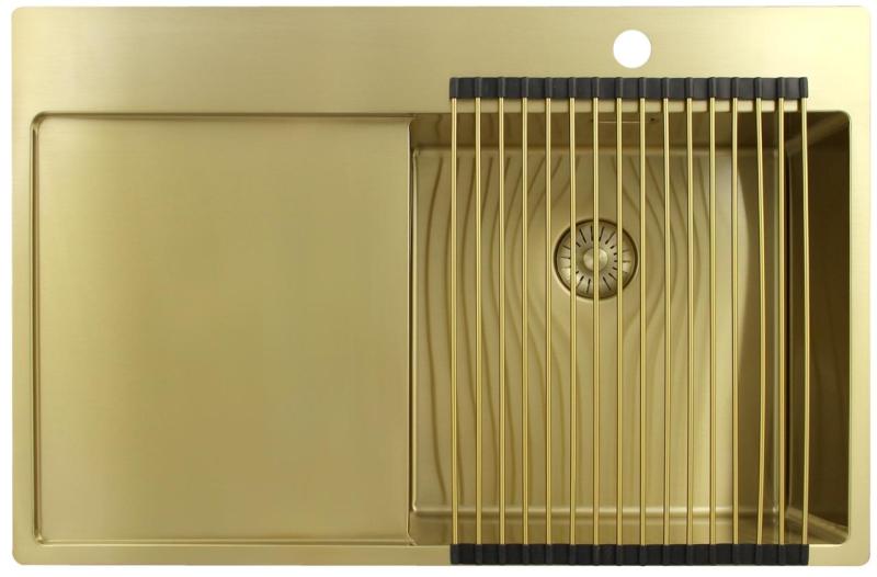 Pure.Sink Exclusivo Lavello dorato con sgocciolatoio 78x52 cm Rubinetto a leva destro PEX4078RT-60