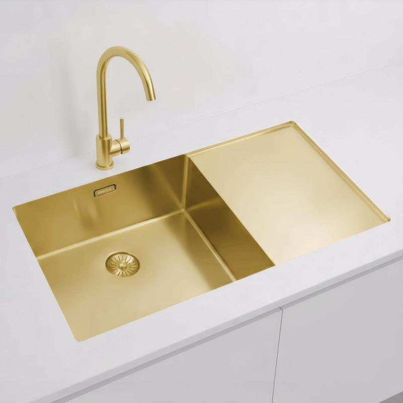 Pure.Sink Exclusivo Lavello dorato con sgocciolatoio 86x52 cm Rubinetto a leva sinistro PEX5086LT-60