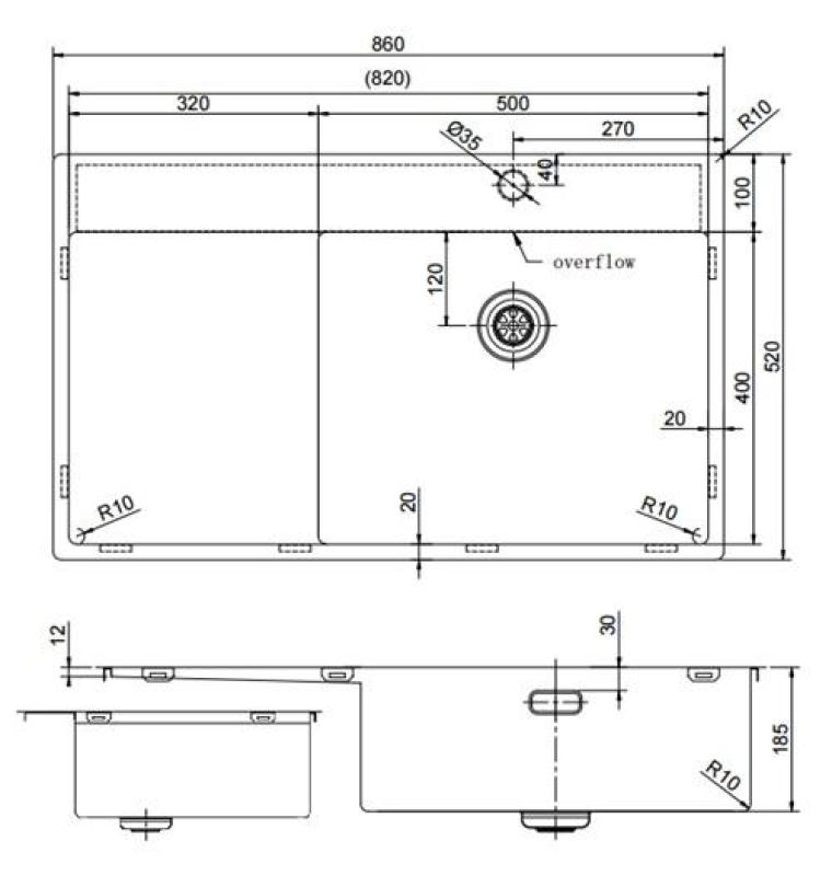 Pure.Sink Exclusivo lavello in acciaio inossidabile con zona di scolamento 86x52 cm Tapwing a destra PEX5086RT-02