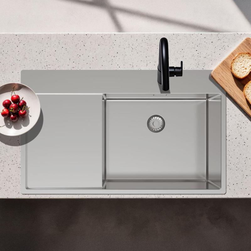 Pure.Sink Exclusivo lavello in acciaio inossidabile con zona di scolamento 86x52 cm Tapwing a destra PEX5086RT-02