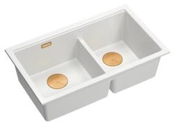 Lavello da incasso Newport II doppio in granito bianco Quadri 76x45 cm con tappo di rame 1208971358