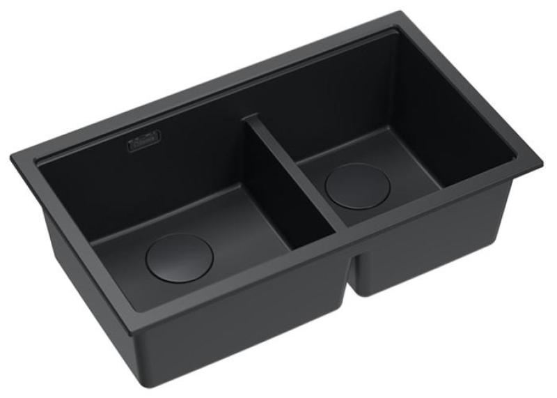 Lavello sottotop Quadri Newport II in granito nero doppio 702 x 390 mm con tappo nero 1208971386