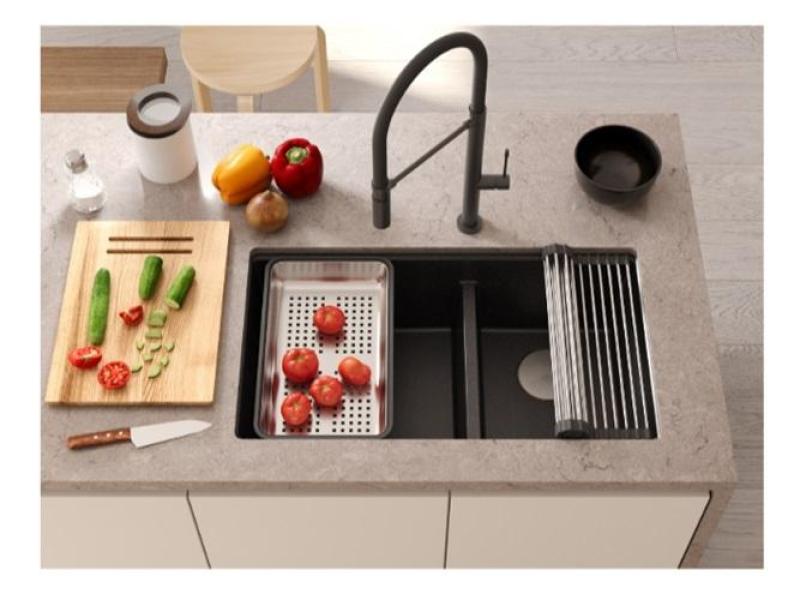 Lavello sottopiano Quadri Newport II Doppio in granito taupe 702 x 390 mm con tappo in acciaio inox 1208971387