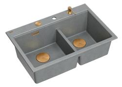 Lavabo doppio Quadri Hard Rock in granito grigio da incasso 76x50 cm con tappo di rame e accessori 1208971389
