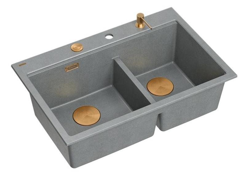 Lavabo doppio Quadri Hard Rock in granito grigio da incasso 76x50 cm con tappo di rame e accessori 1208971389