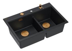 Lavabo da incasso in granito nero doppio Quadri Hard Rock 76x50 cm con tappo di rame e accessori 1208971390
