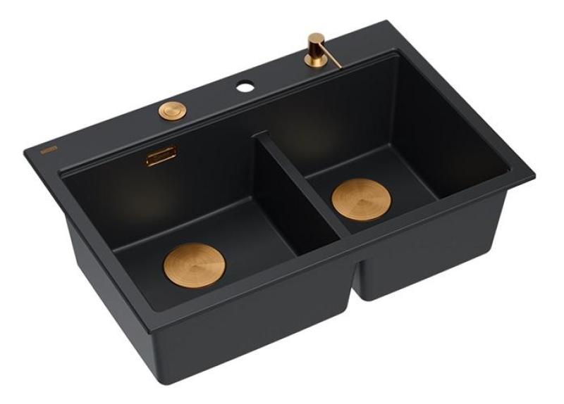 Lavabo da incasso in granito nero doppio Quadri Hard Rock 76x50 cm con tappo di rame e accessori 1208971390
