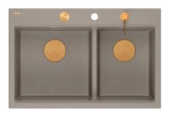 Lavabo doppio Quadri Hard Rock in granito color taupe da installare 76x50 cm con tappo di rame e accessori 1208971391
