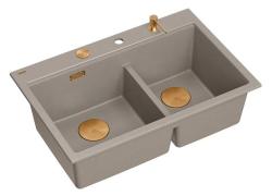Lavabo doppio Quadri Hard Rock in granito color taupe da installare 76x50 cm con tappo di rame e accessori 1208971391