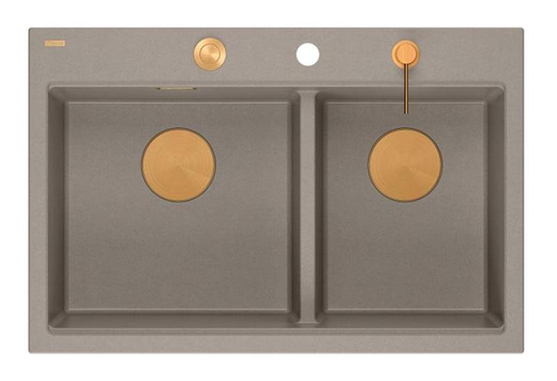 Lavabo doppio Quadri Hard Rock in granito color taupe da installare 76x50 cm con tappo di rame e accessori 1208971391