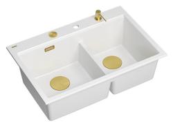 Lavabo doppio in granito bianco Hard Rock Quadri 76x50 cm con tappo dorato e accessori 1208971392