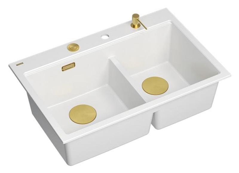 Lavabo doppio in granito bianco Hard Rock Quadri 76x50 cm con tappo dorato e accessori 1208971392