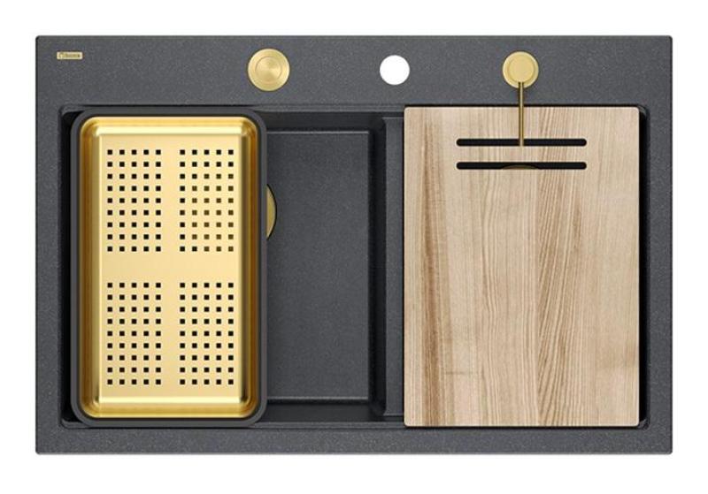 Lavabo da incasso doppio Quadri Hard Rock in granito antracite 76x50 cm con tappo dorato e accessori 1208971393