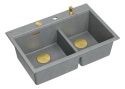 Lavello da appoggio in granito grigio doppio Hard Rock Quadri 76x50 cm con tappo d'oro e accessori 1208971394