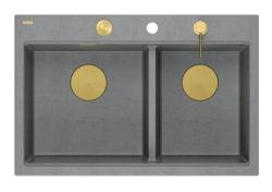 Lavello da appoggio in granito grigio doppio Hard Rock Quadri 76x50 cm con tappo d'oro e accessori 1208971394