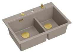 Lavabo da appoggio in granito taupe doppio Quadri Hard Rock 76x50 cm con tappo dorato e accessori 1208971396