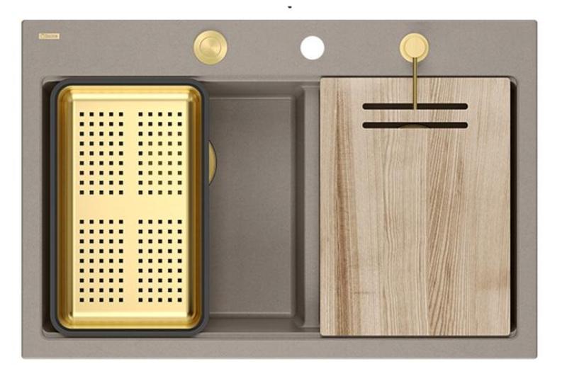 Lavabo da appoggio in granito taupe doppio Quadri Hard Rock 76x50 cm con tappo dorato e accessori 1208971396