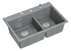 Lavabo doppio Quadri Hard Rock in granito grigio da appoggio 76x50 cm con tappo in acciaio inossidabile e accessori 1208971400