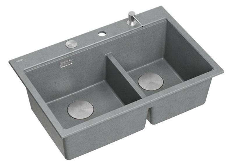Lavabo doppio Quadri Hard Rock in granito grigio da appoggio 76x50 cm con tappo in acciaio inossidabile e accessori 1208971400