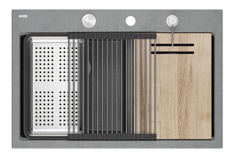 Lavabo doppio Quadri Hard Rock in granito grigio da appoggio 76x50 cm con tappo in acciaio inossidabile e accessori 1208971400