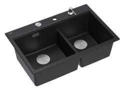 Lavabo da incasso in granito nero doppio Quadri Hard Rock 76x50 cm con tappo in acciaio inossidabile e accessori 1208971401