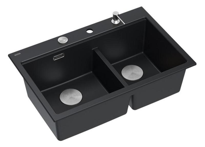 Lavabo da incasso in granito nero doppio Quadri Hard Rock 76x50 cm con tappo in acciaio inossidabile e accessori 1208971401