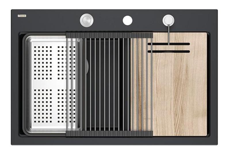 Lavabo da incasso in granito nero doppio Quadri Hard Rock 76x50 cm con tappo in acciaio inossidabile e accessori 1208971401