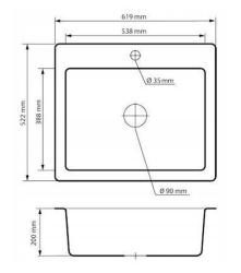 Graniteland Vastone Lavabo in granito 619x522 mm Bianco da incasso con foro per rubinetto e tappo in acciaio inossidabile 1208971445
