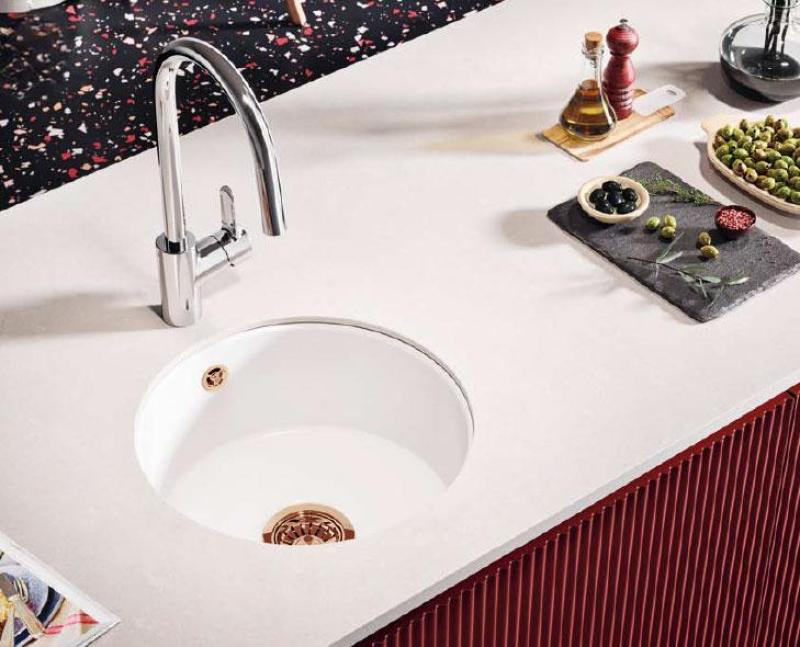 Ausmann Ceramic Ember Lavabo ceramico rotondo bianco da incasso e sottotop con tappo di rame 1208971462