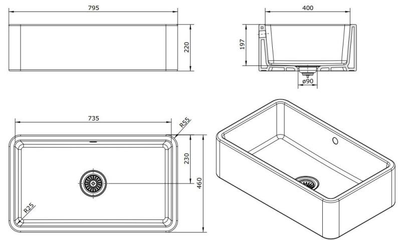 Ausmann Ceramic Mira Lavabo in ceramica bianco - Sottotop e Semi-incasso 795 x 460 mm con tappo bianco 1208971470