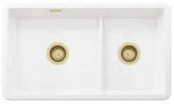 Ausmann Ceramic Ember Lavabo Ceramico Bianco da Un e Mezzo da Incasso e Sottotop 733 x 401 mm con Tappi Dorati 1208971518