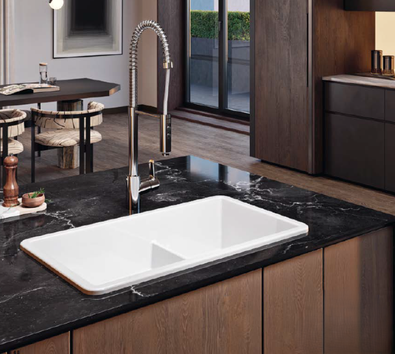 Ausmann Ceramic Ember Lavabo Ceramico Bianco da Un e Mezzo da Incasso e Sottotop 733 x 401 mm con Tappi Dorati 1208971518