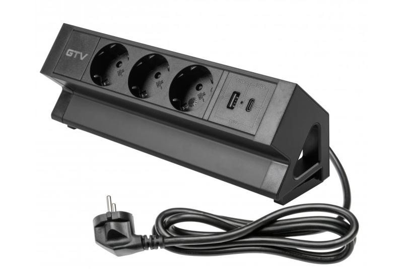 Presa per mobili BASCO, 3xSHUKO, USB A+C, cavo 1,5 m, nero