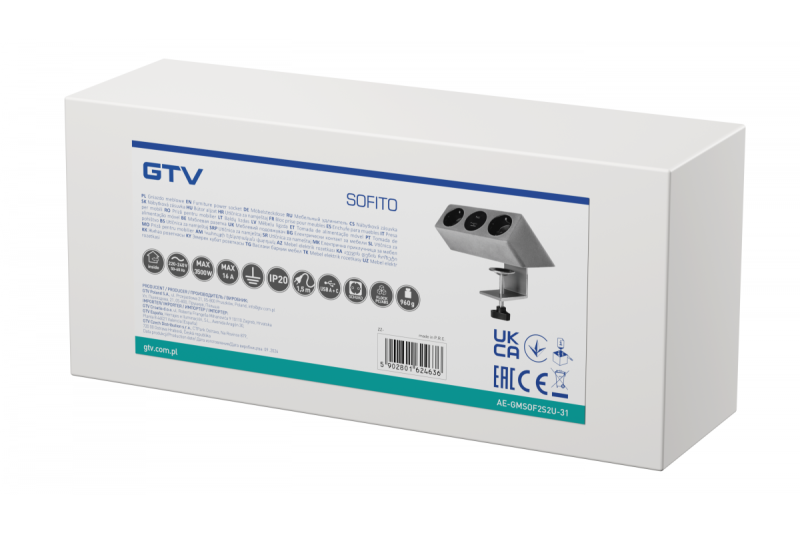 Presa per mobili SOFITO, 2xSCHUKO, USB A+C, cavo 1,5 m, grigio flock