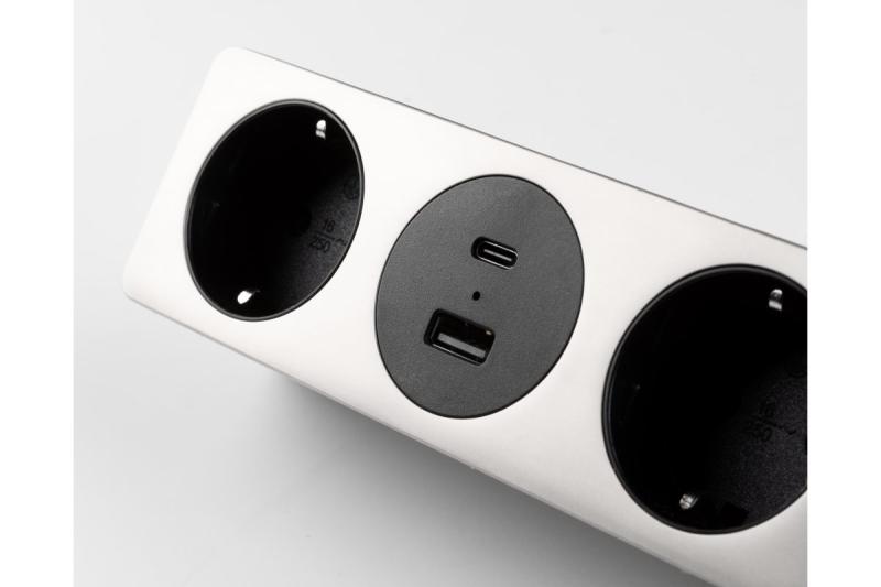 Presa per mobili SOFITO, 2xSCHUKO, USB A+C, cavo 1,5 m, acciaio inossidabile
