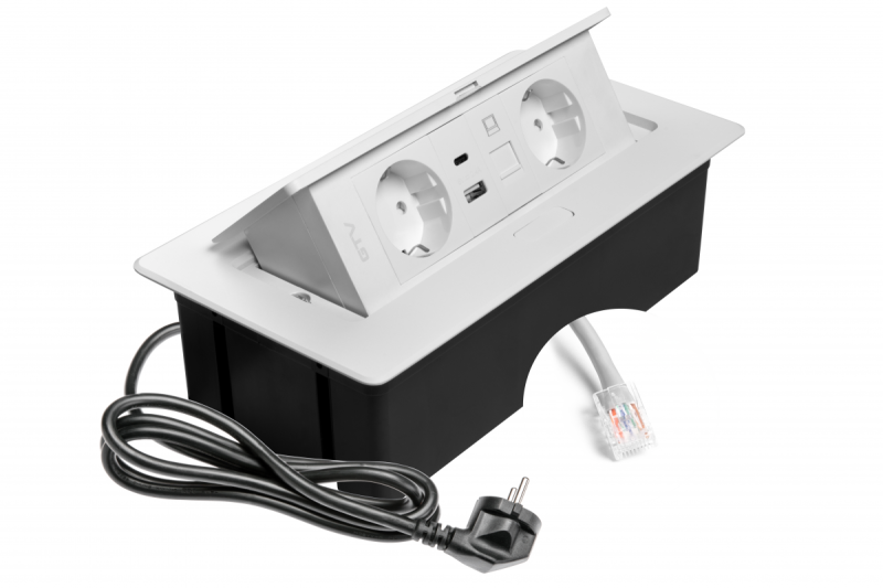 Presa per mobili MULTISOFT, 2xSHUKO, USB A+C, RJ45, cavo 1,5 m, bianco