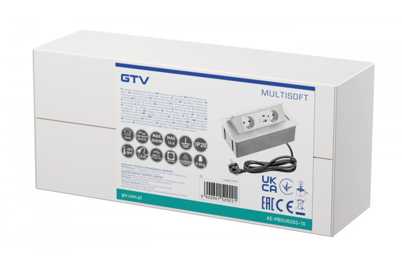 Presa per mobili MULTISOFT, 2xSHUKO, USB A+C, RJ45, cavo 1,5 m, bianco