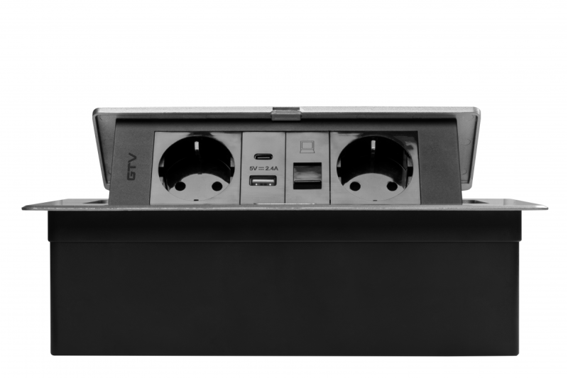 Presa per mobili MULTISOFT, 2xSHUKO, USB A+C, RJ45, cavo 1,5 m, alluminio