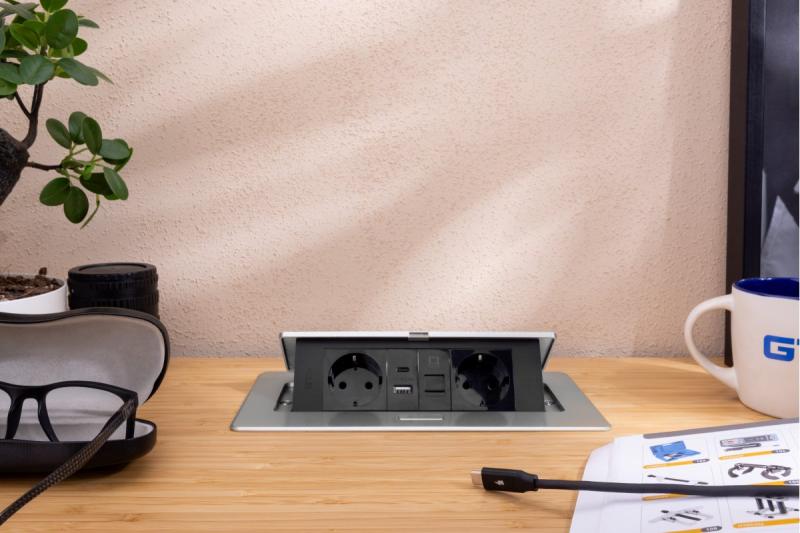 Presa per mobili MULTISOFT, 2xSHUKO, USB A+C, RJ45, cavo 1,5 m, alluminio