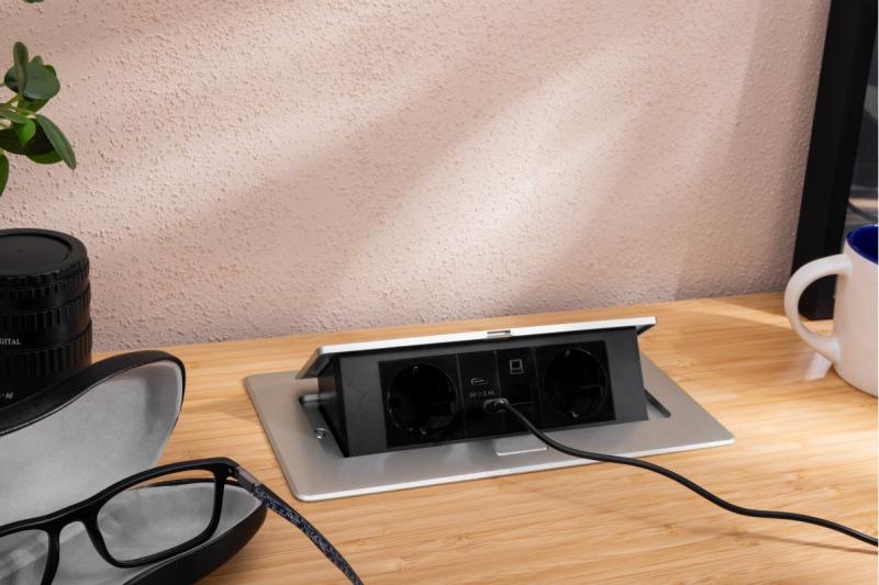 Presa per mobili MULTISOFT, 2xSHUKO, USB A+C, RJ45, cavo 1,5 m, alluminio