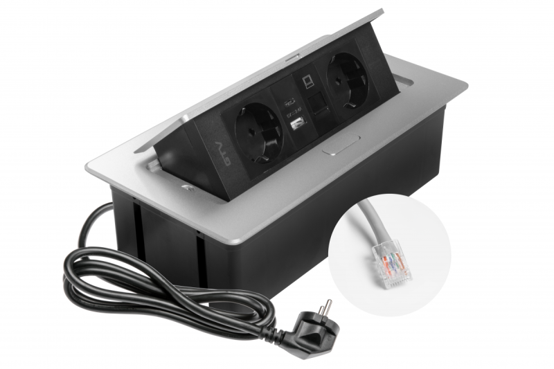 Presa per mobili MULTISOFT, 2xSHUKO, USB A+C, RJ45, cavo 1,5 m, alluminio