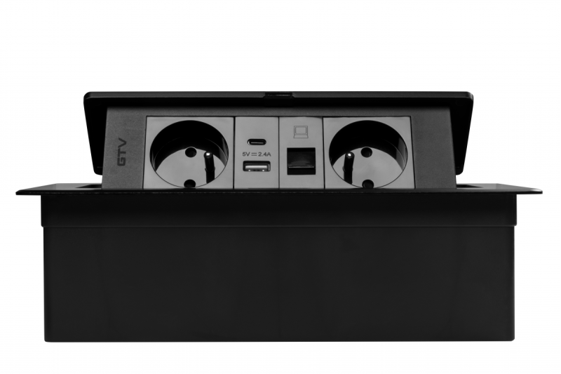 MULTISOFT Presa per Mobili 2x Presa con Messa a Terra, USB A+C, RJ45, Cavo di Alimentazione con Spina, Nero