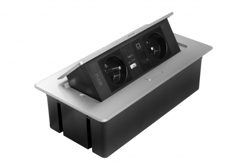 Presa per Mobili MULTISOFT 2x Presa con Messa a Terra, USB A+C, RJ45, Cavo di Alimentazione con Spina, Alluminio